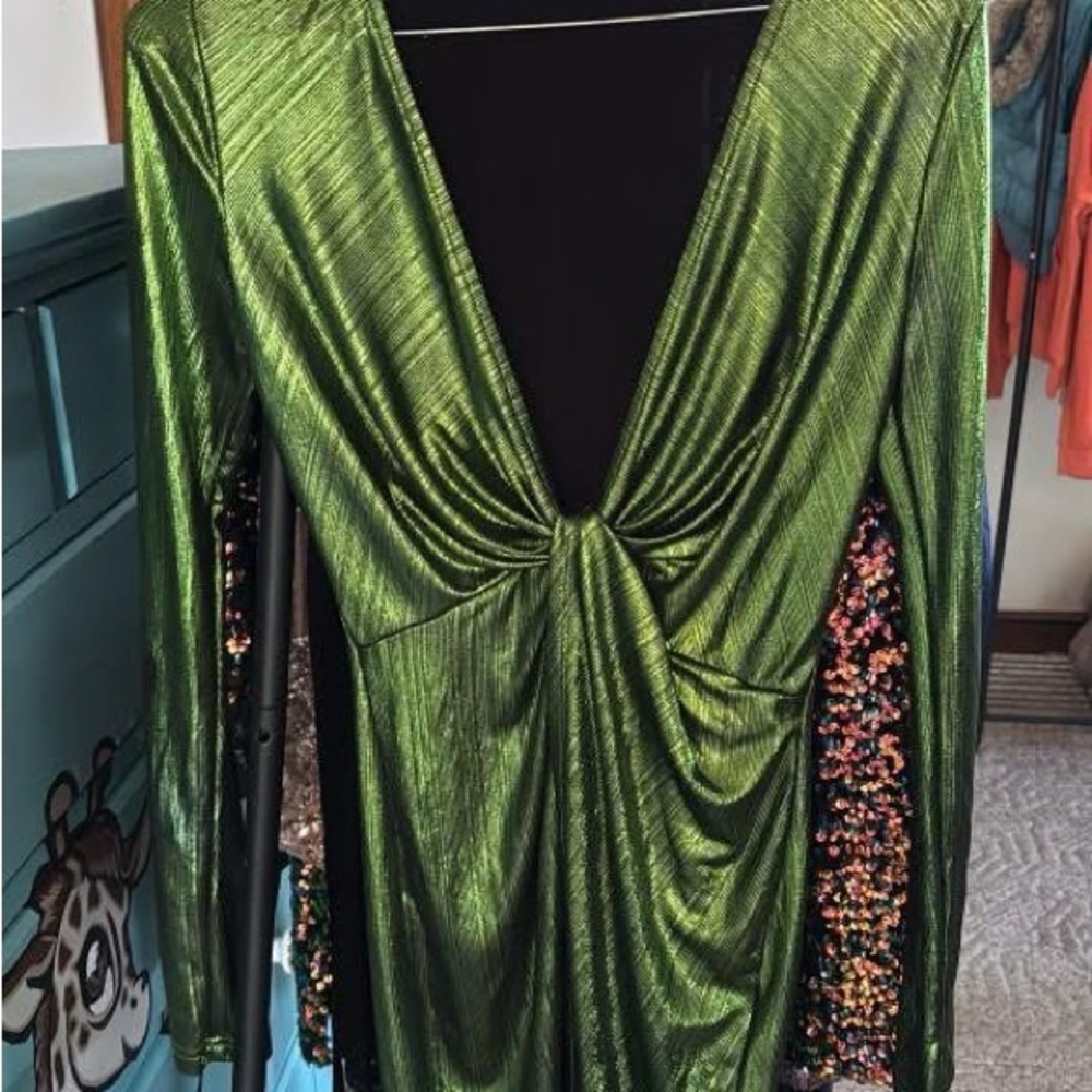 Green Metallic Long Sleeve Dress
